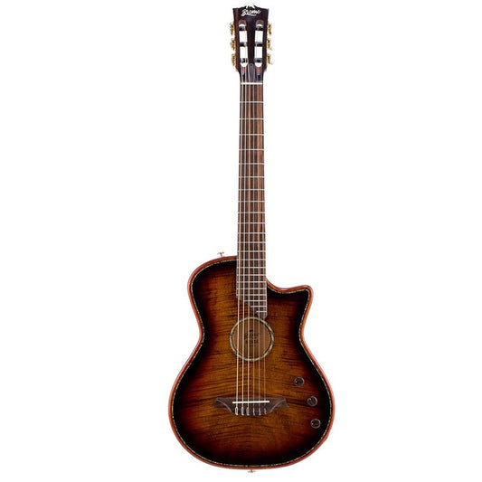 Bromo BEN2C3TS Електро-акустична класическа китара с найлонови струни, Fusion Craft, Hollow Body Cutaway, Amara Ebony, 3 Tone Sunburst гланц, включен твърд куфар