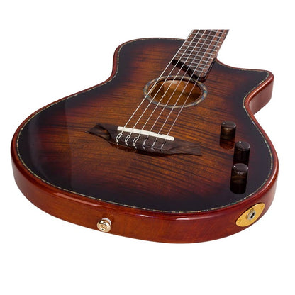 Bromo BEN2C3TS Електро-акустична класическа китара с найлонови струни, Fusion Craft, Hollow Body Cutaway, Amara Ebony, 3 Tone Sunburst гланц, включен твърд куфар