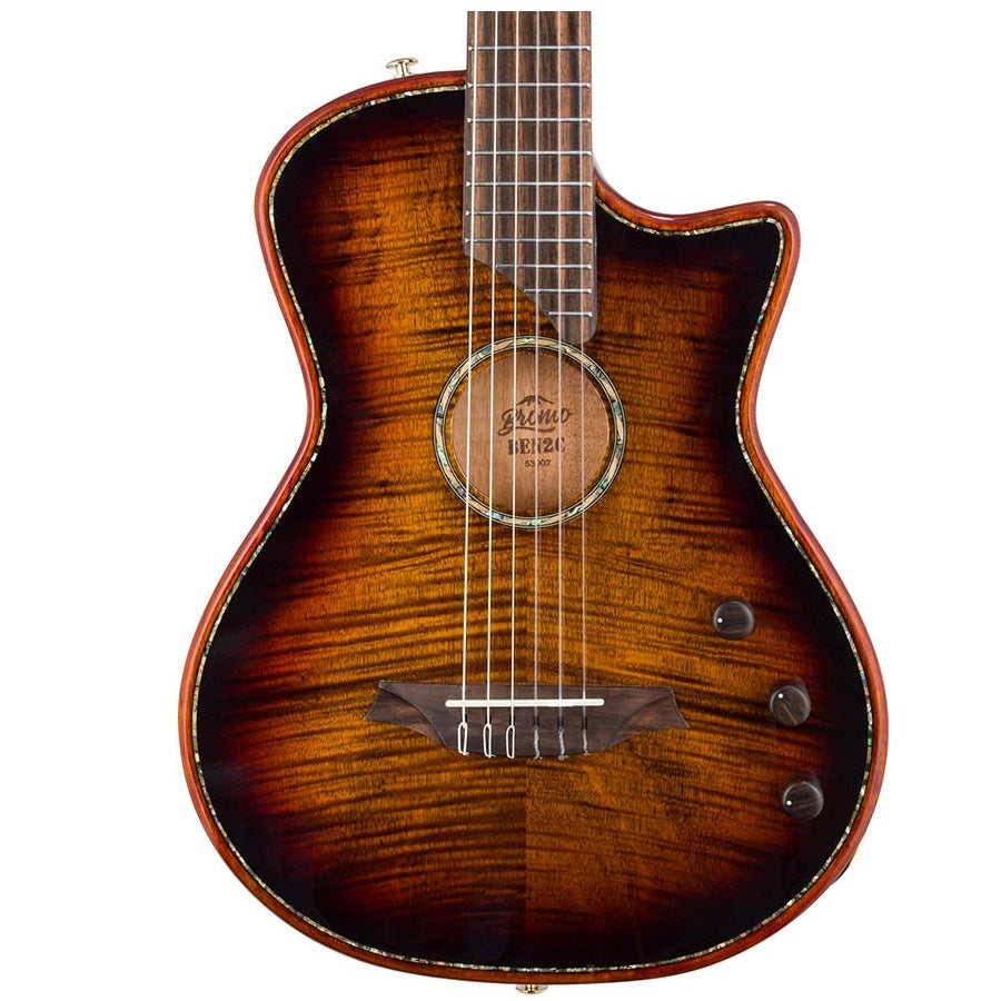 Bromo BEN2C3TS Електро-акустична класическа китара с найлонови струни, Fusion Craft, Hollow Body Cutaway, Amara Ebony, 3 Tone Sunburst гланц, включен твърд куфар