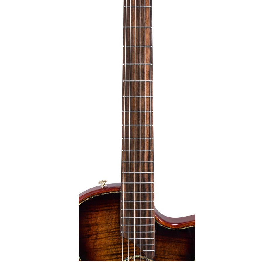 Bromo BEN2C3TS Електро-акустична класическа китара с найлонови струни, Fusion Craft, Hollow Body Cutaway, Amara Ebony, 3 Tone Sunburst гланц, включен твърд куфар