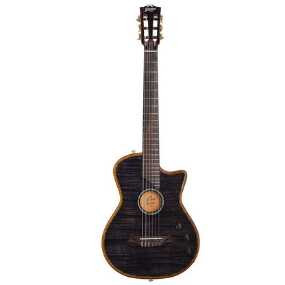 Bromo BEN2CTBK Електро-акустична класическа китара с найлонови струни, Fusion Craft, Hollow Body Cutaway, Amara Ebony, Trans Black гланц, включен твърд куфар