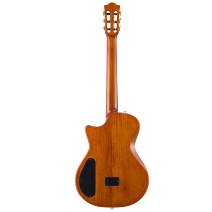 Bromo BEN2CTBK Електро-акустична класическа китара с найлонови струни, Fusion Craft, Hollow Body Cutaway, Amara Ebony, Trans Black гланц, включен твърд куфар