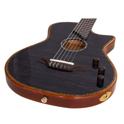 Bromo BEN2CTBK Електро-акустична класическа китара с найлонови струни, Fusion Craft, Hollow Body Cutaway, Amara Ebony, Trans Black гланц, включен твърд куфар