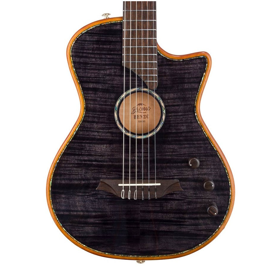 Bromo BEN2CTBK Електро-акустична класическа китара с найлонови струни, Fusion Craft, Hollow Body Cutaway, Amara Ebony, Trans Black гланц, включен твърд куфар