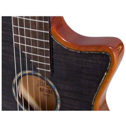 Bromo BEN2CTBK Електро-акустична класическа китара с найлонови струни, Fusion Craft, Hollow Body Cutaway, Amara Ebony, Trans Black гланц, включен твърд куфар