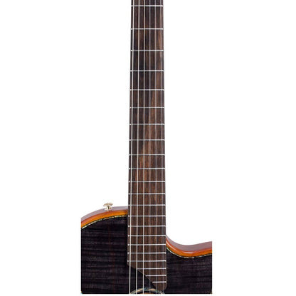 Bromo BEN2CTBK Електро-акустична класическа китара с найлонови струни, Fusion Craft, Hollow Body Cutaway, Amara Ebony, Trans Black гланц, включен твърд куфар