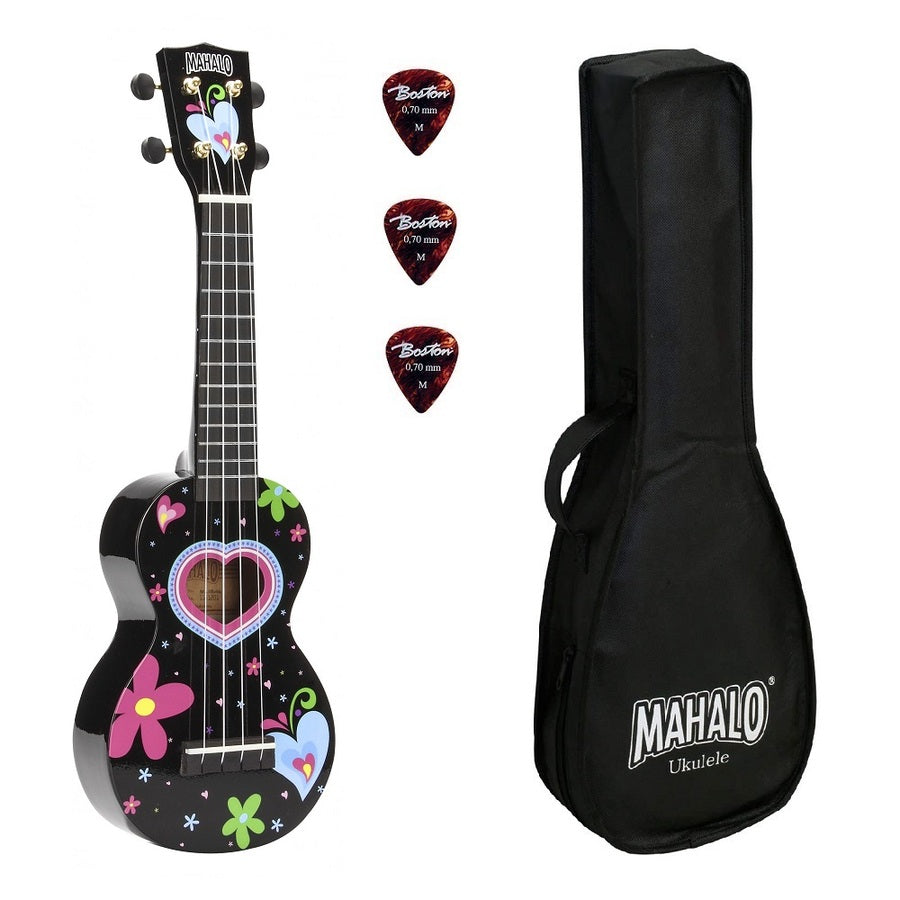 Mahalo MA1HEBK Комплект сопрано укулеле, Heart Black, калъф, 3 перца