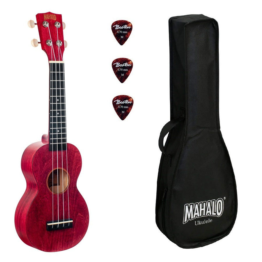 Mahalo ML1CR Комплект сопрано укулеле, Cherry Red, калъф, 3 перца