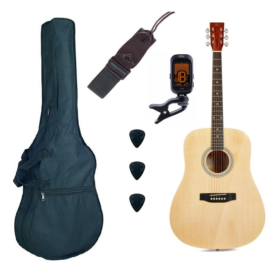 SX SD104Basic2 Комплект акустична китара Dreadnought с аксесоари, дърво Окуме, натурален мат